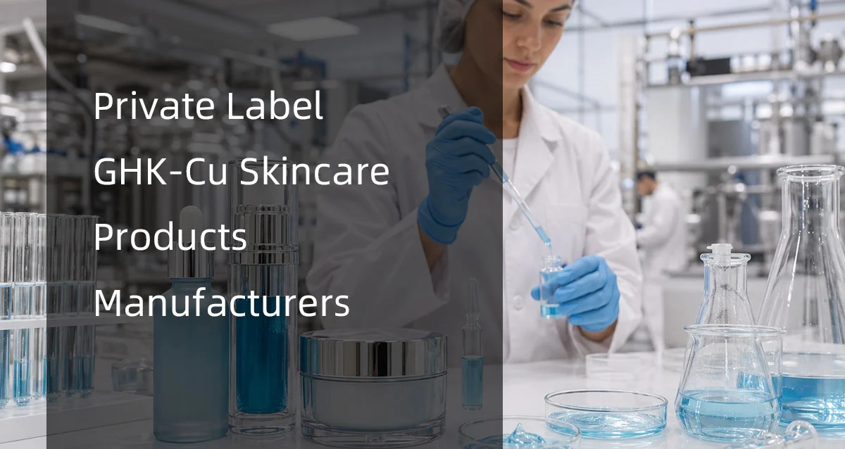 Scientist in lab coat using dropper with blue liquid, surrounded by skincare product containers in a laboratory.
